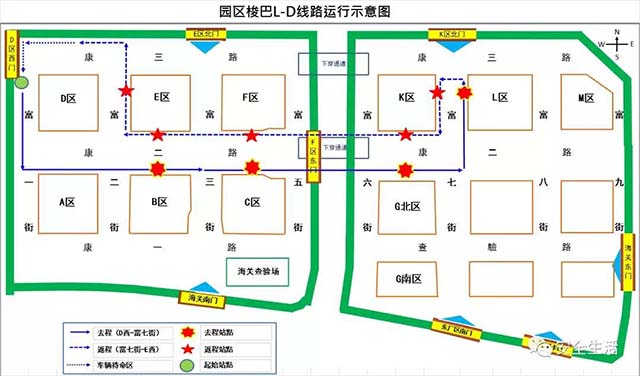 新版园区梭巴l-d运行路线示意图,请查收!-郑州富士康